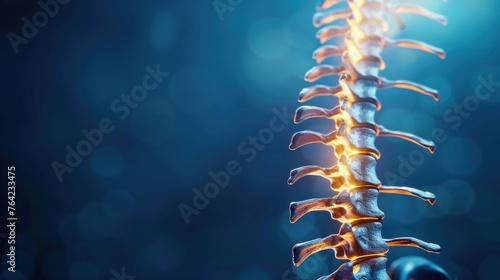 Spine bone structure human anatomy with light on dark blue background. AI generated image