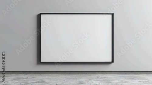 Simplistic design of a thin black frame mockup hanging on a blank white studio wall, offering a ne