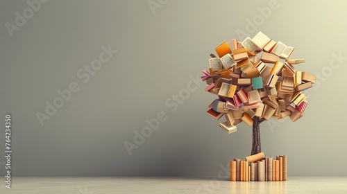 Tree with Books on Minimalist Background. Book, Education, Literacy, Knowledge, Imagination, Banner, Copy Space, Notebook, Page, Creative, Read, Learning, Idea, Reading, Happy 