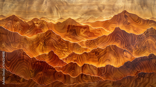 Layered wood art depicting mountain landscape. Decorative wooden wall panel. Design for interior decoration and print