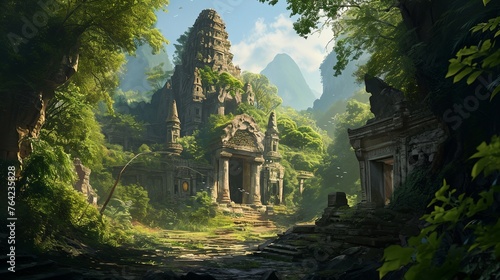 a painting of a jungle with a temple in the middle of it and a lot of trees around it