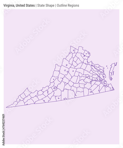 Virginia, United States. Simple vector map. State shape. Outline Regions style. Border of Virginia. Vector illustration.