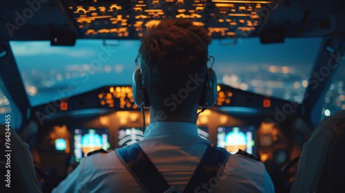 A pilot is flying a plane with a city view in the background