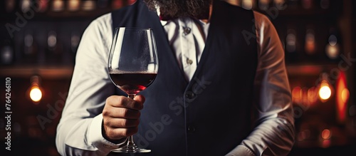 Man holding glass of wine by bottles, sommelier at wine tasting experience