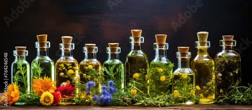 A row of various oils in bottles