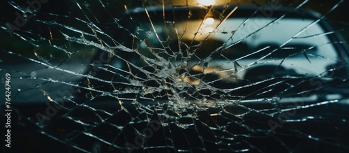 A car's broken glass window with a vehicle in the background