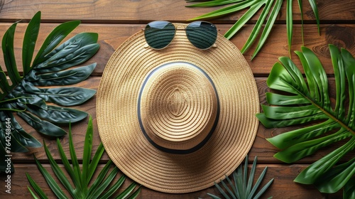 Sun Hat, Sunglasses, Palm Leaves on Wooden Background