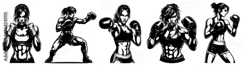 black vector set of female boxers in dynamic poses vector illustration silhouette laser cutting black and white shape