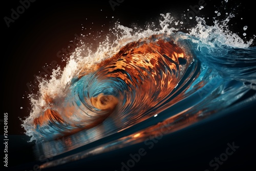 A detailed view of a powerful ocean wave rolling in the open sea.