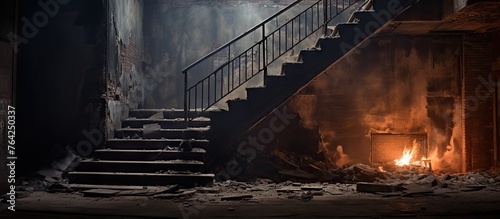 Staircase leading to a fireplace in a building