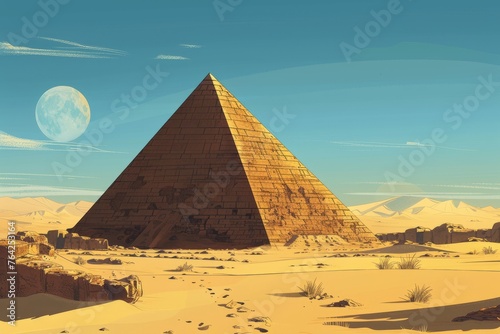 A painting depicting an ancient Egyptian pyramid standing tall in the desert landscape, under a clear sky