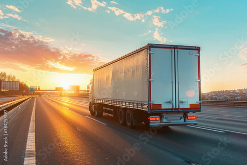 Truck vehicle driving moving on highway road. Business service. Freight lorry trailer shipping distribution, delivering logistic commercial shipment, transportation industry, cargo delivery transport.