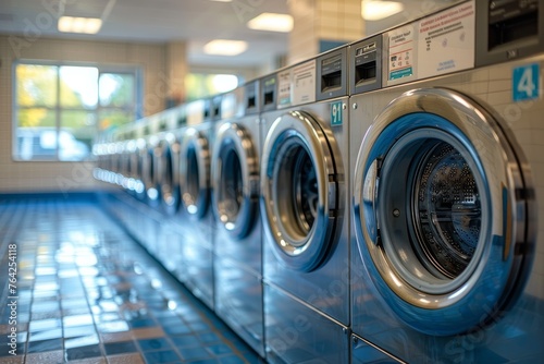 Spacious and well-kept laundry facility with an array of neatly arranged industrial washing machines