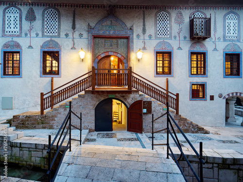 View of the entrance of a Mosque. Decorated facade of the mosque in Travnik, Bosnia and Herzegovina.