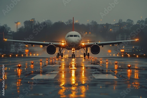 Airplane head-on view on a captivating illuminated wet runway creating a sense of anticipation