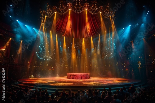 An empty and atmospheric circus ring, compelling with dramatic lighting and anticipation of the performance