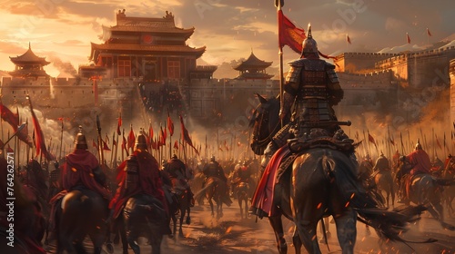 Ancient Chinese Hero Leads Charge at Golden Hour: Battlefield Drama