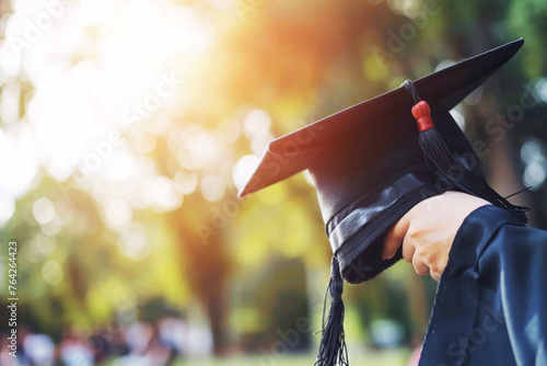 Student taking graduation cap on blur summer background, life style, free space for text.