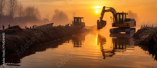 Dredging a canal with two excavators at sunrise