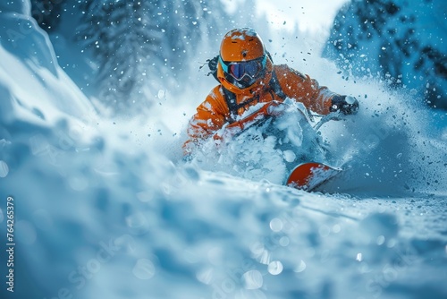 A snowmobiler races through a thick cloud of snow powder, the vivid orange suit highlighting the high-speed wintry adventure
