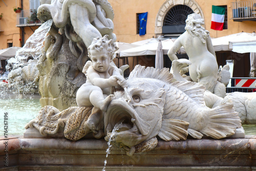 Detail of Fountain of the Moro at Piazza Navona in Rome, Italy 