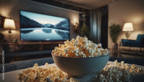comfortable home setting featuring a bowl of popcorn in the foreground with a blurred television scree