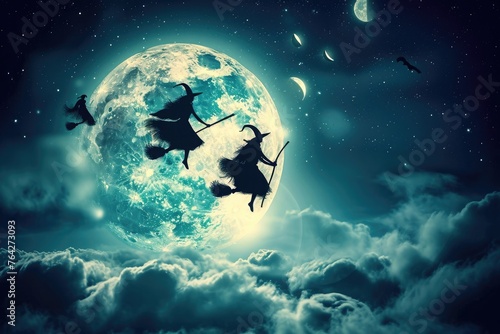 Two witches can be seen flying in the night sky over a full moon, Witches flying in the sky on their broomsticks against a full moon, AI Generated
