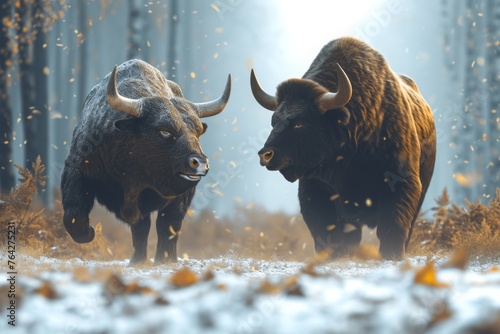 Two bison standing close to each other in the forest, showcasing their powerful presence and natural behavior, A bull and a bear representing the stock market trends, AI Generated