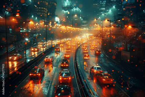 cars navigate a rainy night in the megacity passing by at the space. AI concept