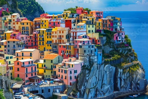 A vibrant village built on the edge of a cliff, providing sweeping views of the ocean, A colorful Italian coastal village, AI Generated