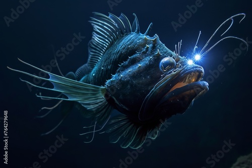 A detailed close up of a fish displaying its open mouth, capturing its unique features and feeding behavior, A deep-sea anglerfish luring prey with its bioluminescent organ, AI Generated