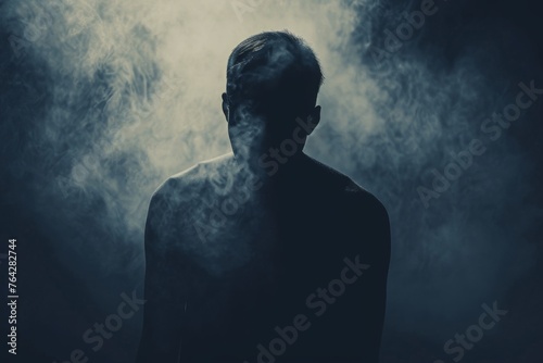 A man is depicted standing in front of a dense cloud of smoke with his arms crossed, A faceless figure engulfed in the shadows of opioid addiction, AI Generated
