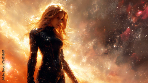 a woman in a black dress is standing in front of a star filled sky