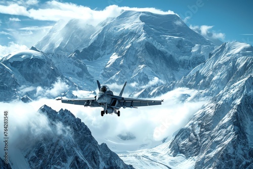 A fighter jet soars through the sky above a rugged mountain range, showcasing the power and agility of modern military aircraft, A fighter aircraft flying over snow-covered mountains, AI Generated