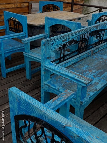 blue wooden benches