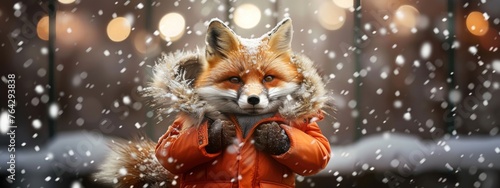 Anthropomorphic fox wearing a winter coat and crown amidst falling snow, creating a whimsical and fairy-tale atmosphere; Concept of fantasy, winter, and storytelling 