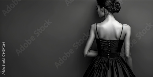 Elegant woman in black dress looking over shoulder
