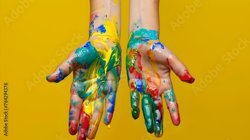 Colorful painted hands extended against a vibrant yellow background. creativity and art concept image. vivid and playful. AI