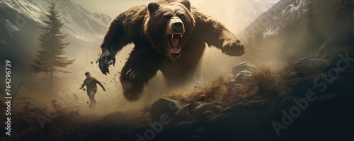 Man running from a bear in a forest