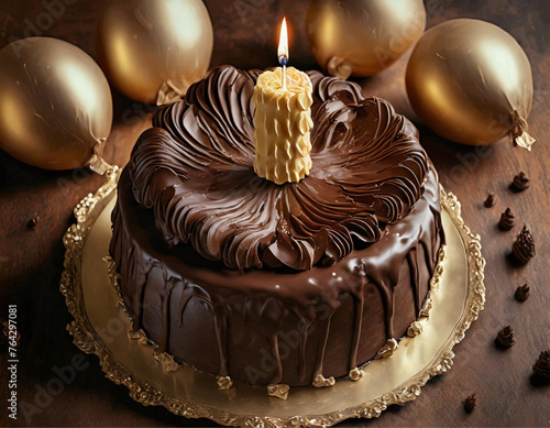 Um bolo de chocolate com uma vela acesa, sobre uma mesa decorada para festa, com balões dourados ao redor.
