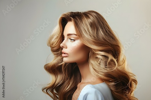 Portrait of a Woman Showcasing Balayage Hair on White Background. Concept Fashion Portraits, Hair Trends, Studio Photoshoot, Beauty Close-ups, Creative Composition