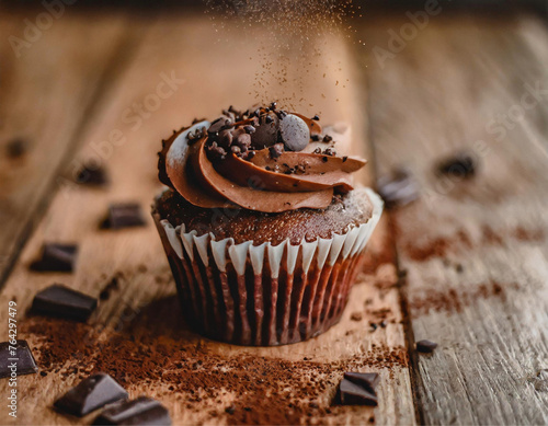 Um cupcake de chocolate com cobertura e pedaços de chocolate espalhados sobre superfície de madeira.