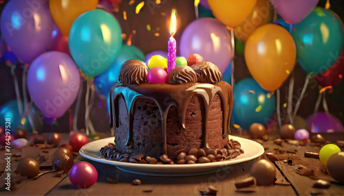 Um bolo de chocolate com cobertura e uma vela acesa, com balões coloridos ao fundo. Mesa decorada para festa.