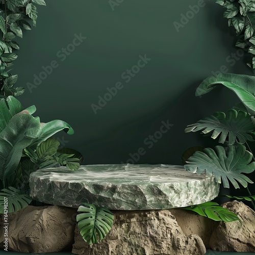 2h stone podium with leaves for product presentation, mockup template of stone pedestal in nature studio table , green background, 3d rendering