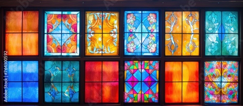 An image showcasing a close-up view of a stained glass window filled with rich and varied hues