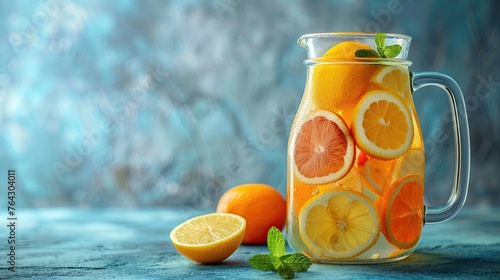 fresh lemonade with lemon and strawberries in a jug