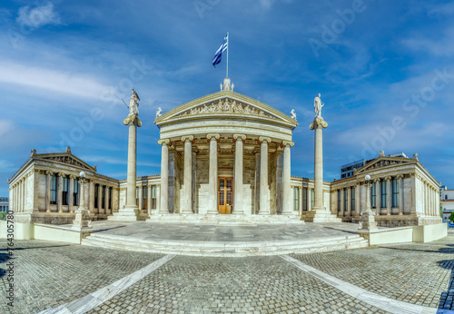 Hig hdefiniton panorama of Masterpiece Academy of Athens featuring statue of Athena, Apollo above and Socrates and Plato below, in the heart of Athens, Attica, Greece