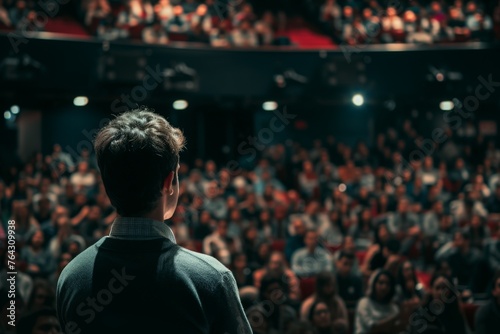 A man confidently stands before a large crowd, addressing them with determination, Man presenting a pitch in an auditorium filled with people, AI Generated