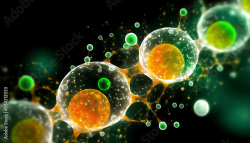 Realistic human cells made of transparent green, white, orange particles, liquid, particles isolated on black background