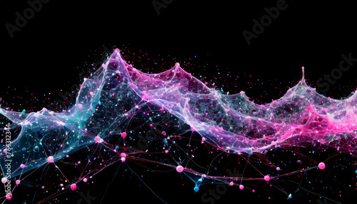 Realistic network connection data made of transparent pink, white, blue particles, liquid, particles isolated on black background